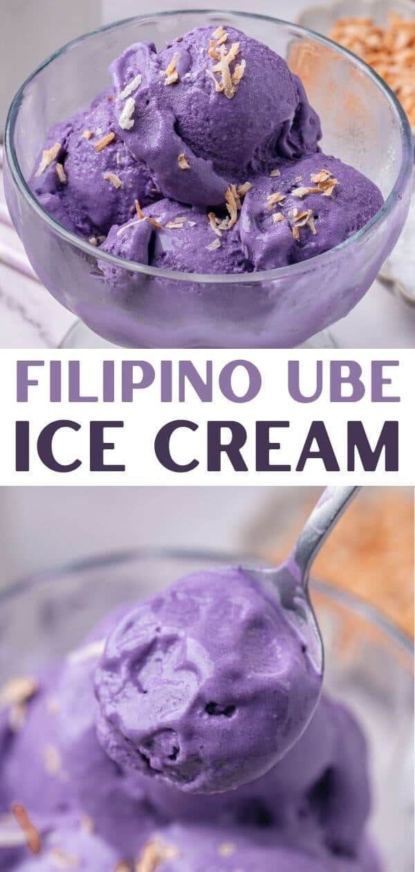 Glass bowl filled with scoops of purple Filipino ube ice cream, topped with toasted coconut flakes, with a spoon holding a scoop.