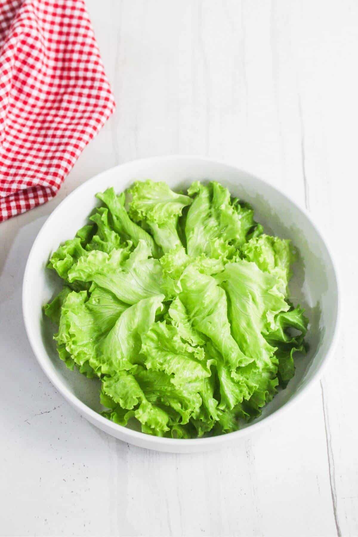 A white bowl filled with fresh green leaf lettuce sits on a white surface next to a red and white checkered cloth.