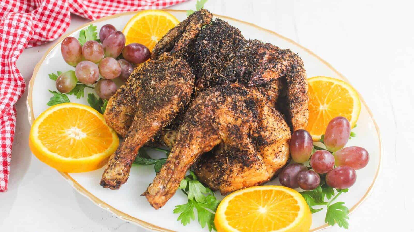 Roasted, herb-seasoned chicken halves on a platter with fresh parsley, orange slices, and red grapes, set on a white surface with a red checkered cloth nearby.