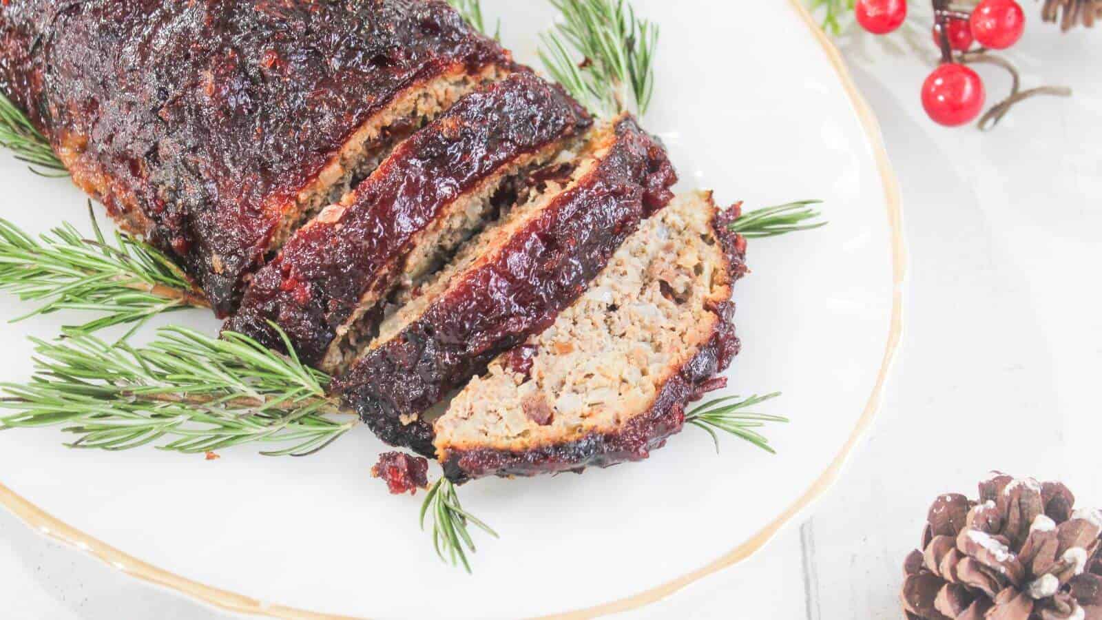 Sliced meatloaf with a dark glaze, garnished with sprigs of rosemary on a white plate. Red berries and a pine cone are visible in the background.