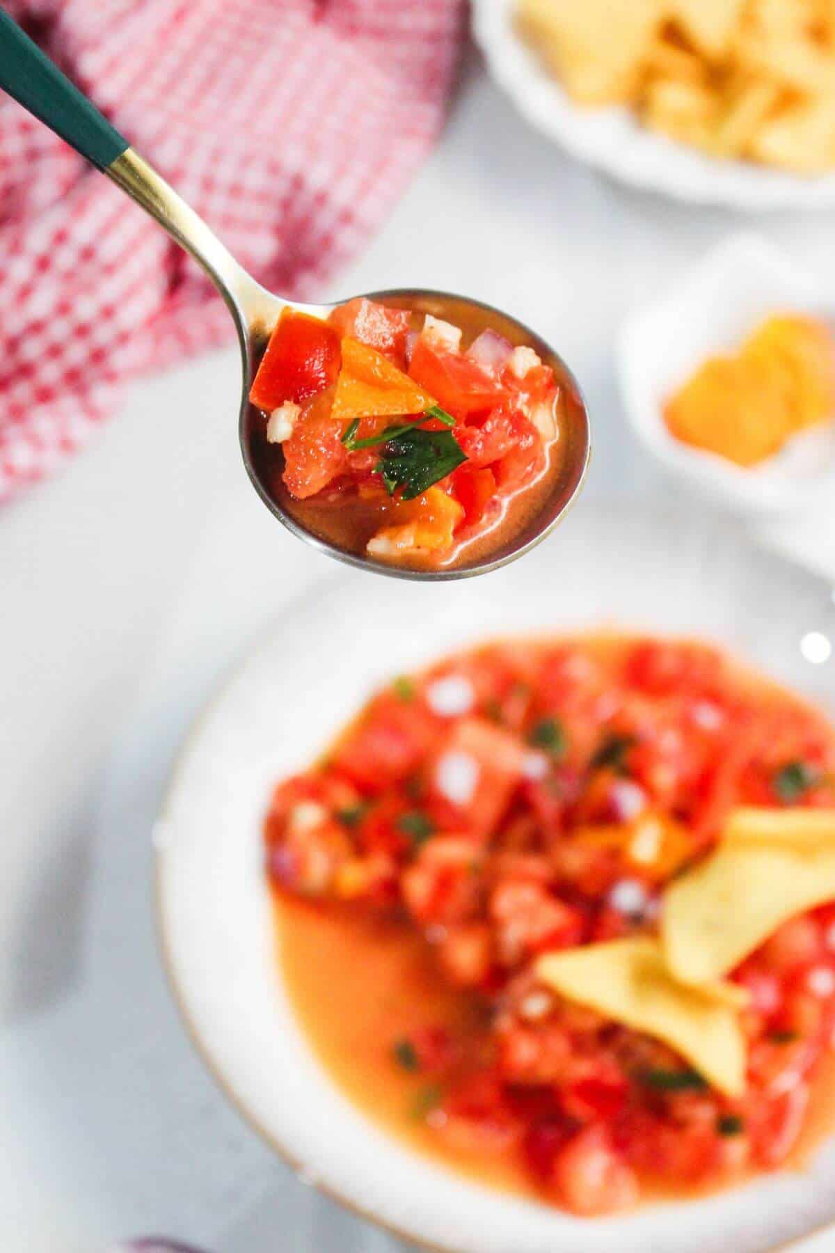 A spoonful of chunky tomato salsa with herbs held above a bowl of salsa and tortilla chips on a white table.