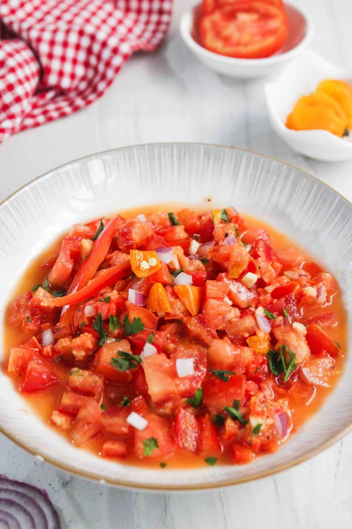 A bowl of tomato salad with chopped onions, herbs, and diced vegetables on a white plate, with tomatoes and a checkered cloth in the background.