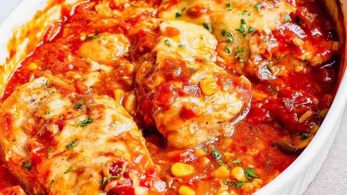 Baked chicken breasts in a tomato-based sauce with corn, chopped vegetables, and herbs in a white casserole dish.