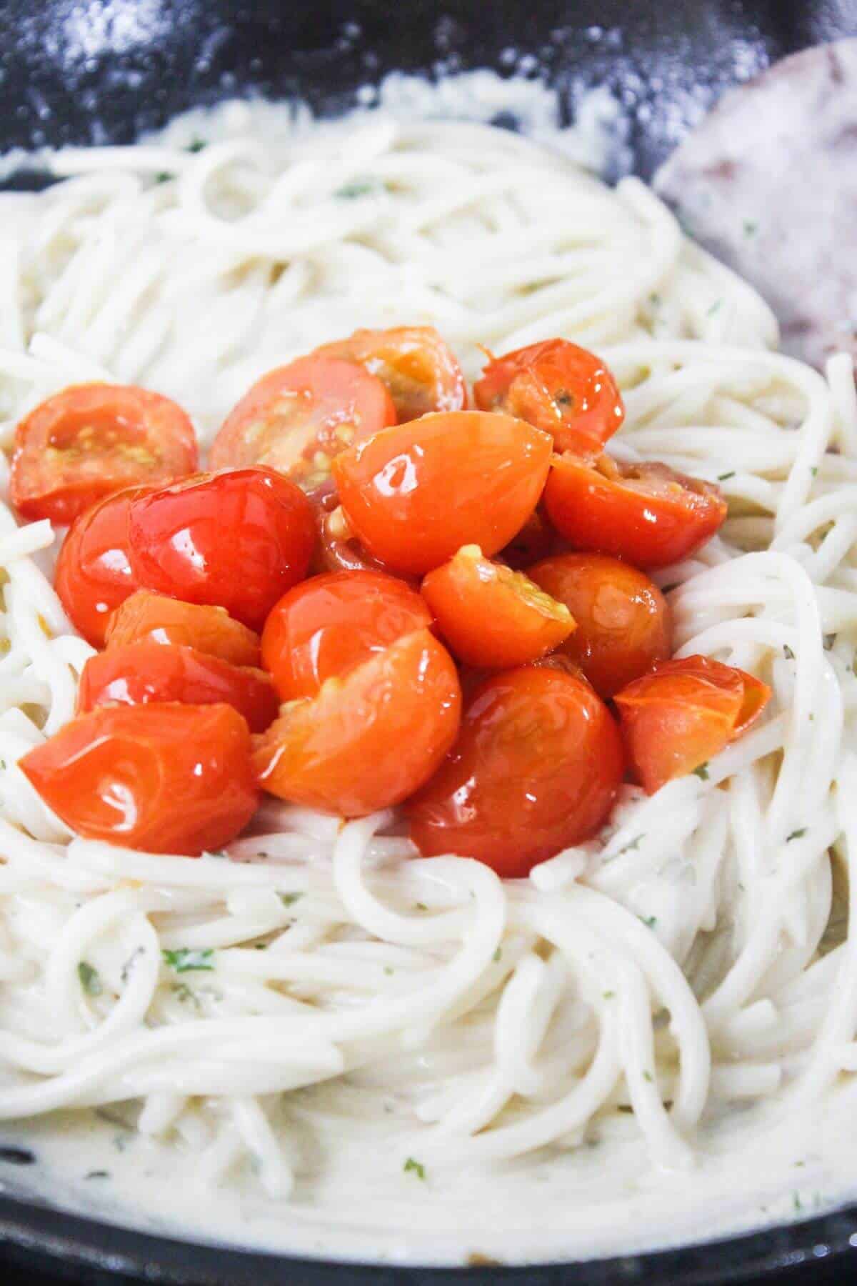 Spaghetti in a creamy white sauce topped with halved cooked cherry tomatoes.