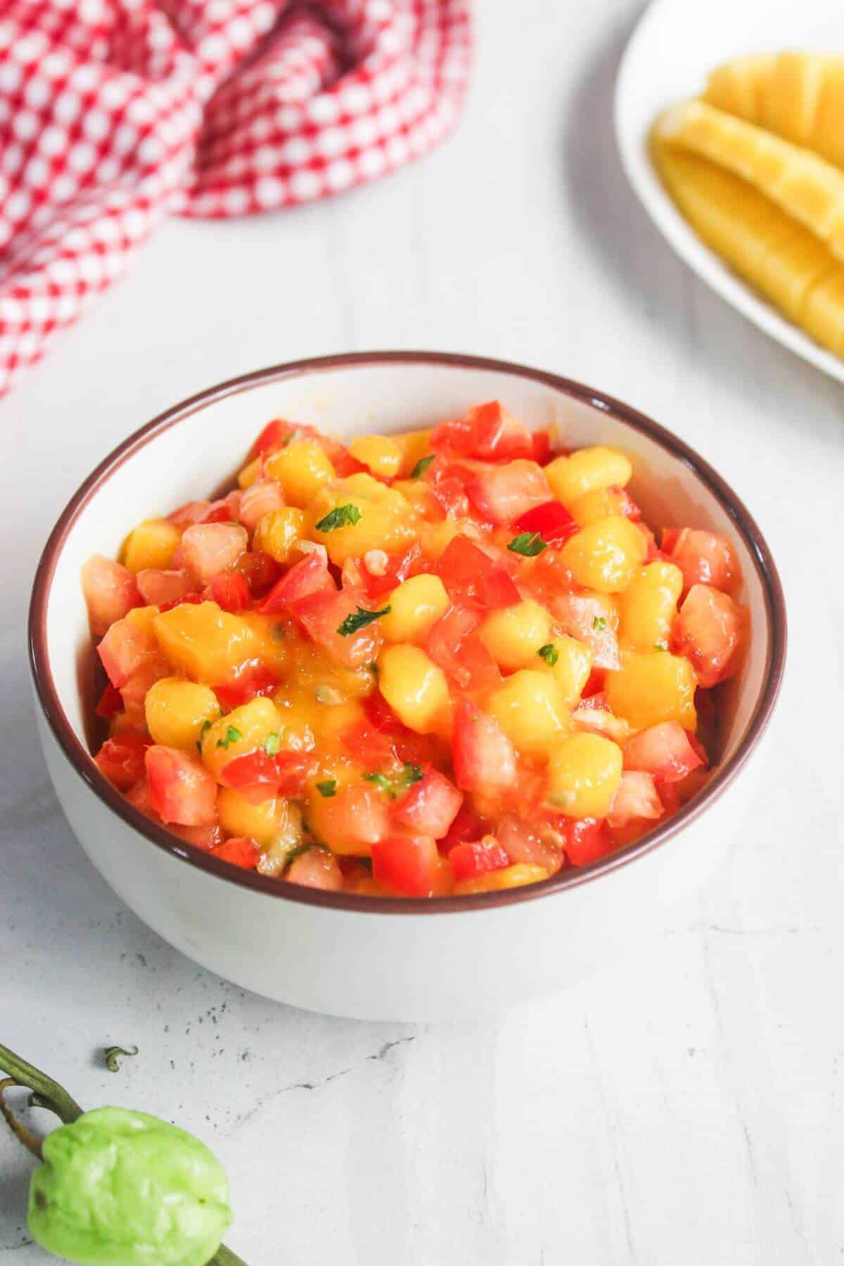 A white bowl filled with mango salsa made of diced mango, tomatoes, and herbs sits on a white surface, with sliced mango and a red checkered cloth in the background.