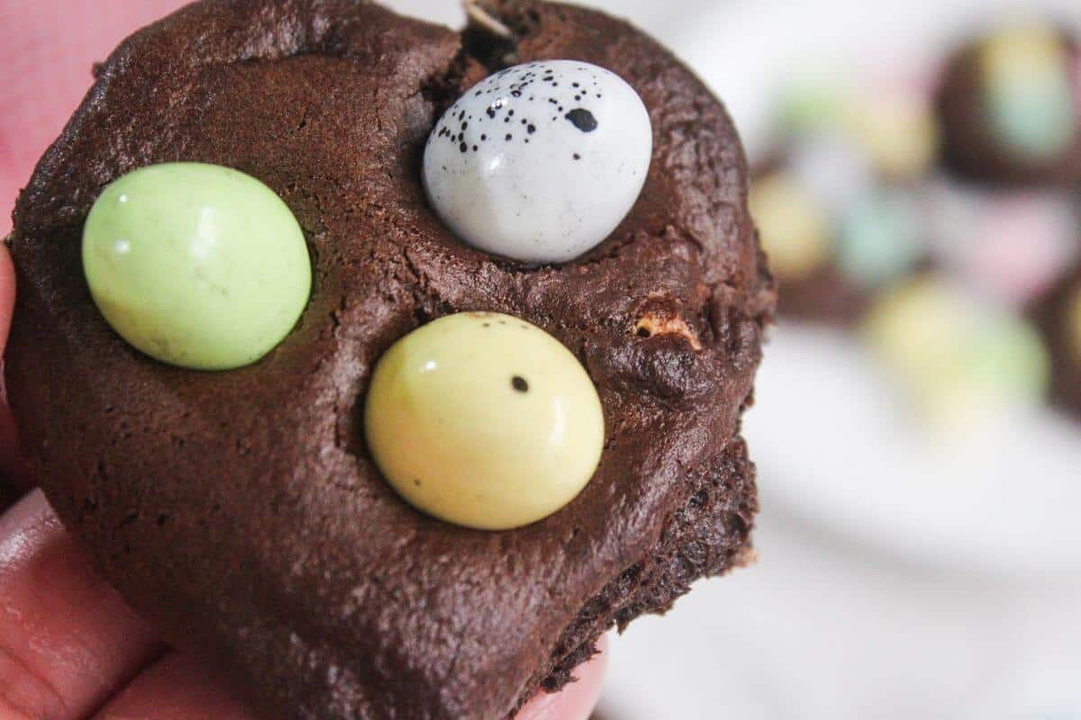 A close-up of a chocolate cookie topped with three candy-coated chocolate eggs in pastel colors.