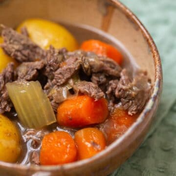 A bowl of beef stew with chunks of beef, carrots, potatoes, and celery in a brown ceramic bowl.