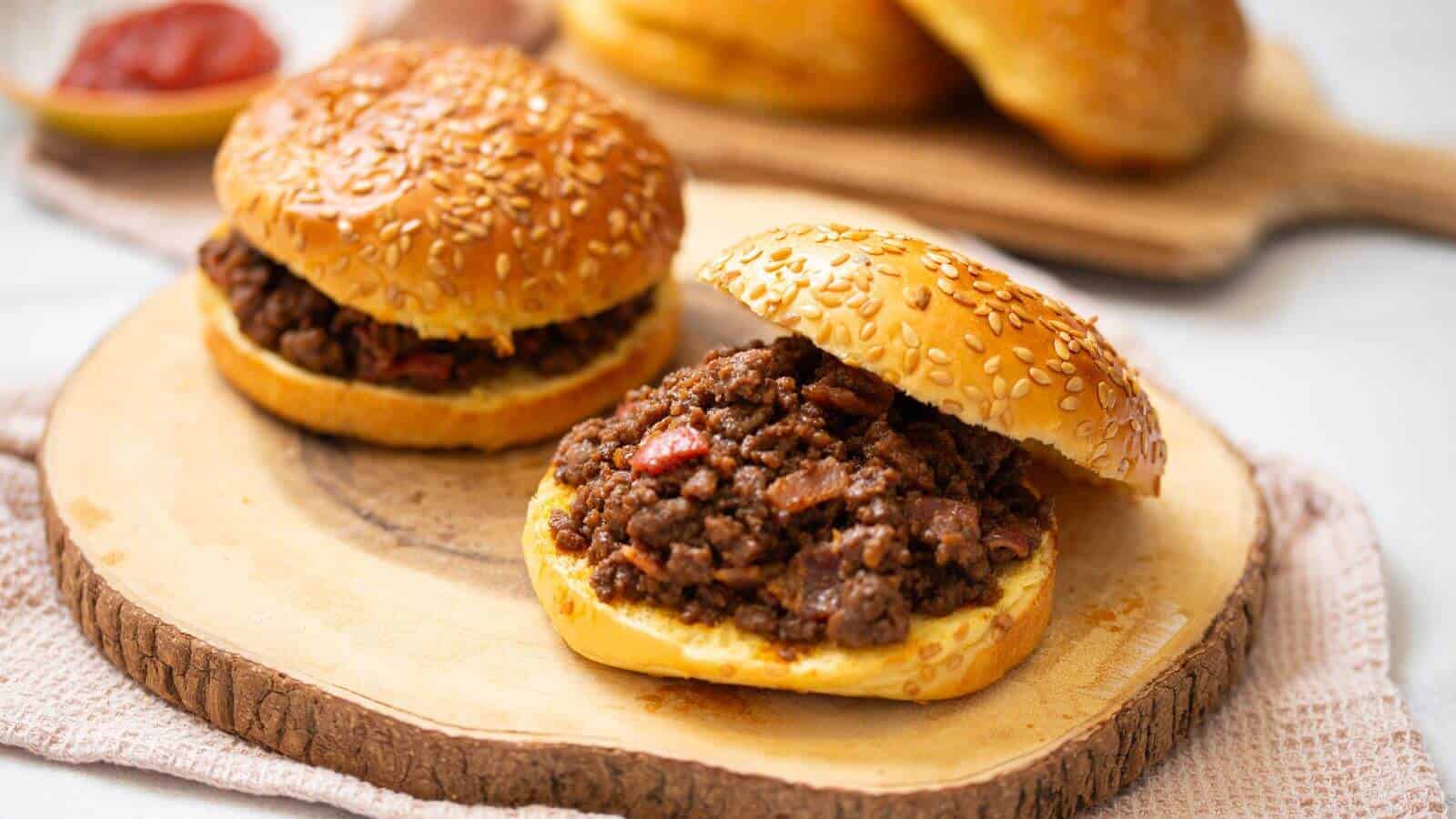 Two sesame seed buns filled with seasoned ground beef and diced tomatoes sit on a wooden board, with more sandwiches in the background.