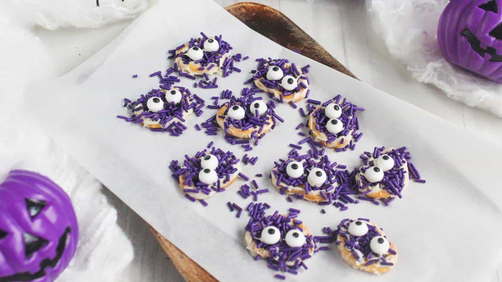 Mini pretzels coated with purple sprinkles and candy eyes are arranged on parchment paper; purple jack-o’-lantern decorations are nearby.