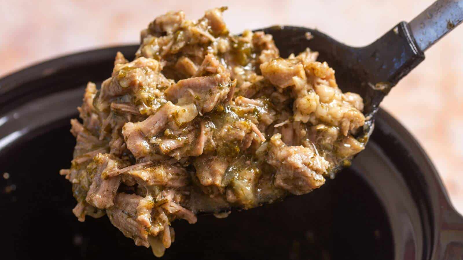 A large serving spoon holding shredded pork with green chili sauce.